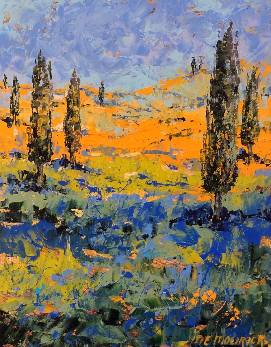 Cypress trees in a field of cornflowers by IneLouise Mourick