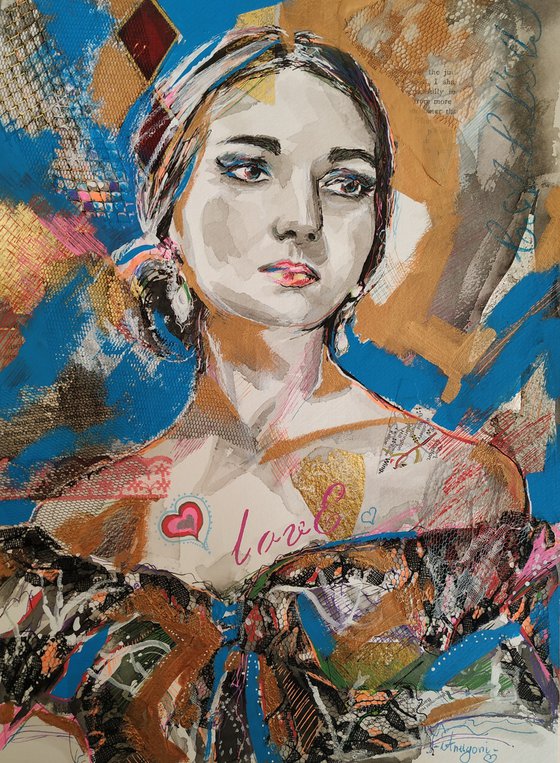 Maria Callas - Portrait mixed media drawing on paper