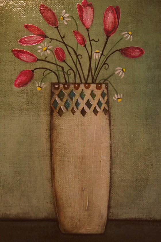 Tulips and Daisies in a Decorative Vase..,