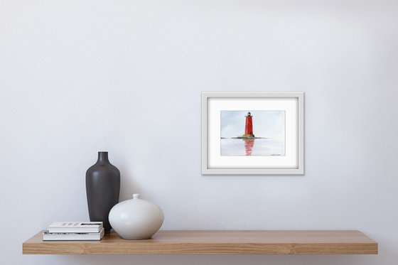 Red lighthouse in the sea. Minimalism. Original watercolor artwork.