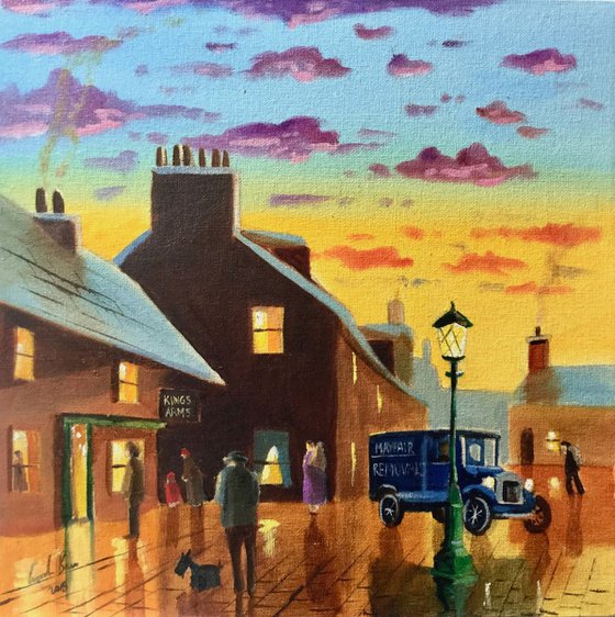 Nostalgic street scene painting "The Kings Arms pub"