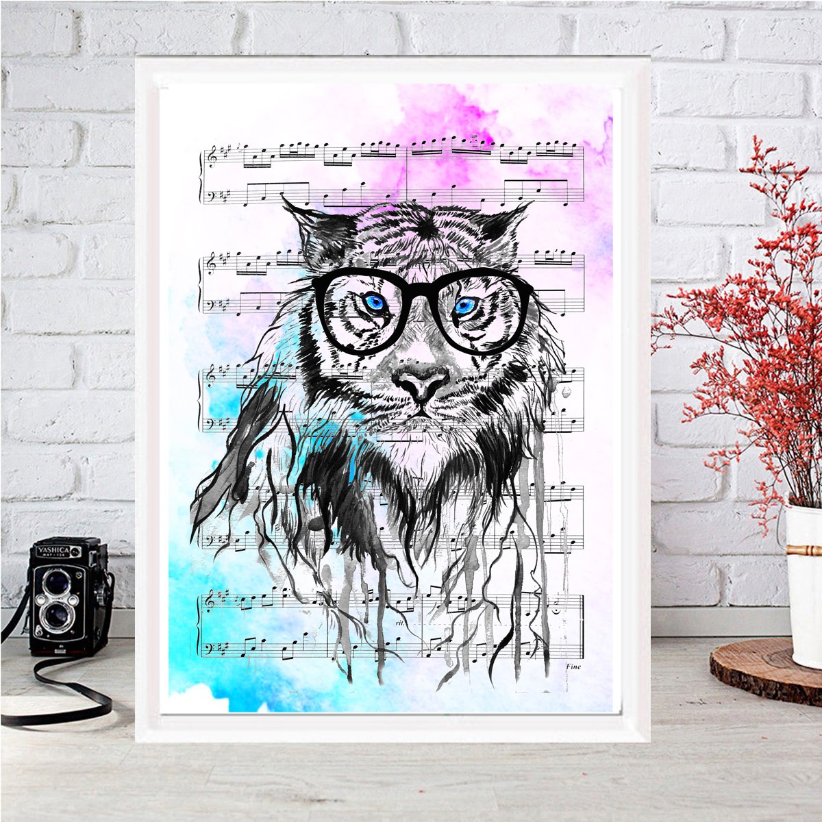 Abstract Animal Painting By Luba Ostroushko, 8 X 12", Tiger With Glasses Art, Original Artwork