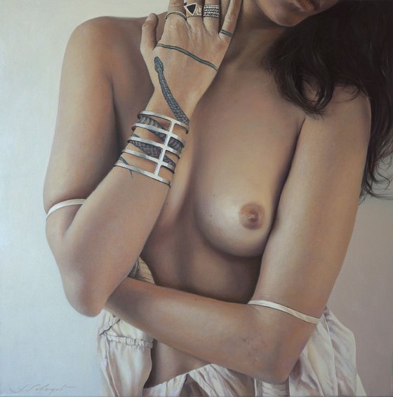 Female nude with silver jewelry