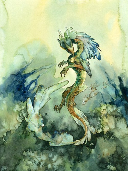 Water Dragon, Fantasy art in watercolour by Yulia Evsyukova