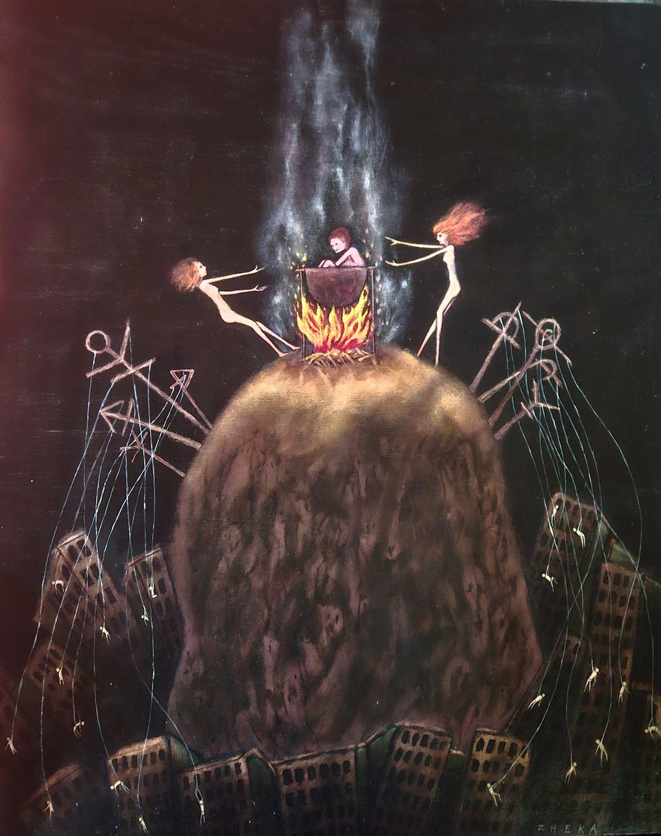 Expressive Portrait Acrylic Painting By Zheka, 17 X 21", The Ritual., Original Artwork