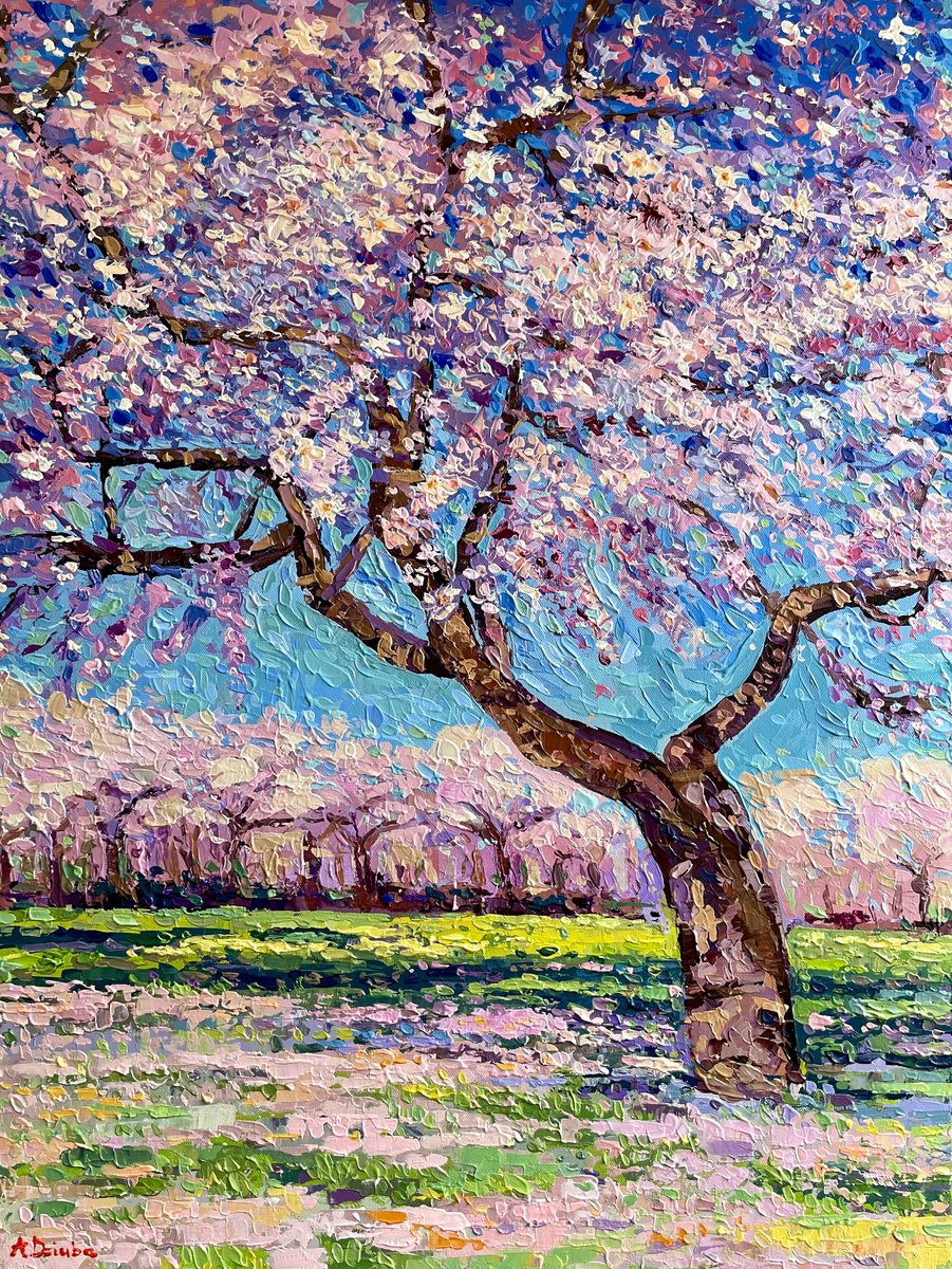 Impressionistic Landscape Acrylic Painting By Adriana Dziuba, 24 X 32, Almond Blossom Tree, Original Artwork