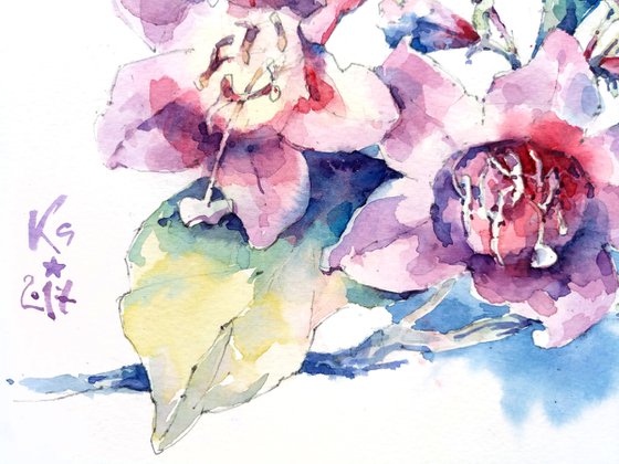 Decorative composition "Pink weigela flowers with leaves" - original watercolor work in square format