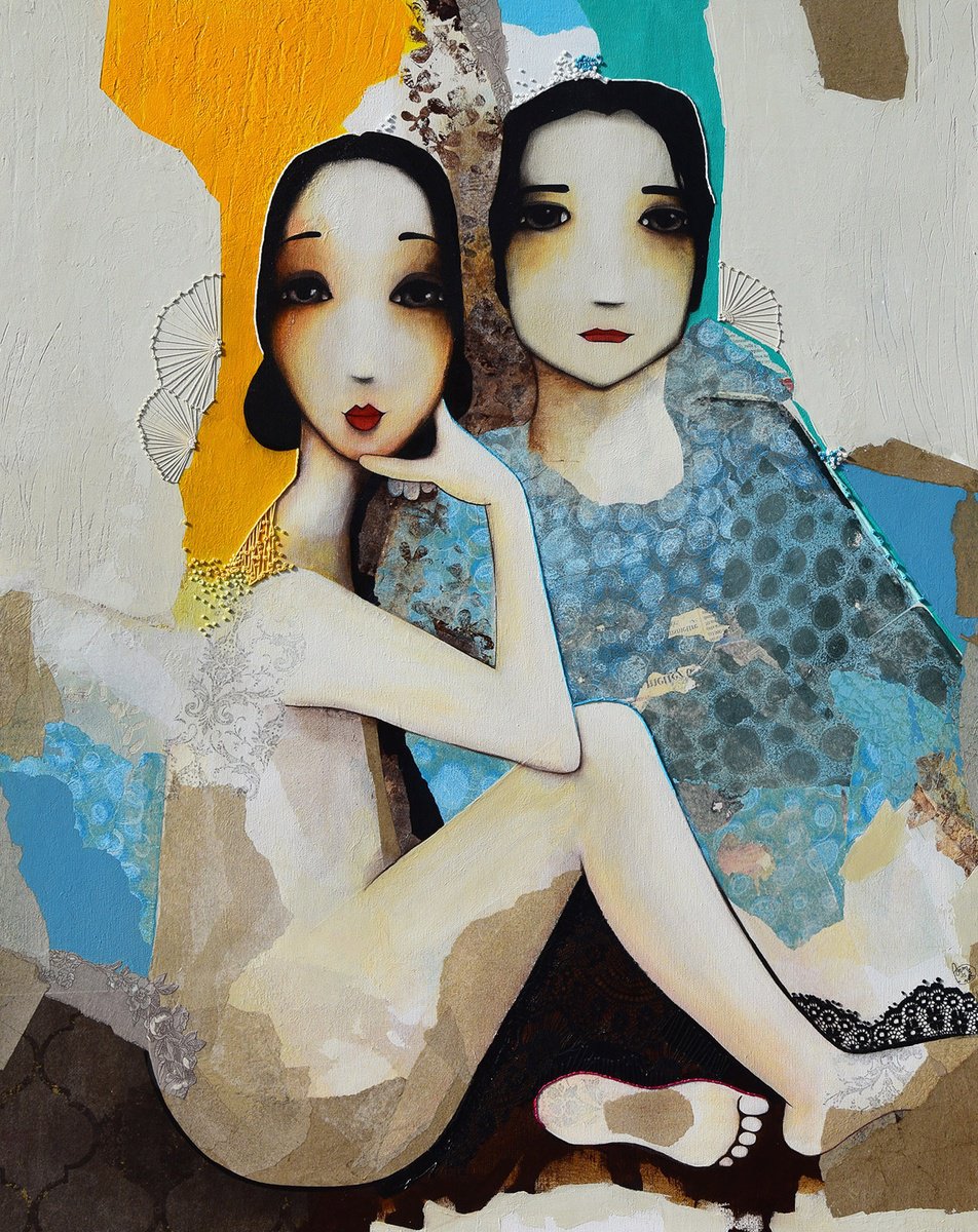 Naive Portrait Painting By Armandine Js, 29 X 36, i?douard Et Moi, Original Artwork