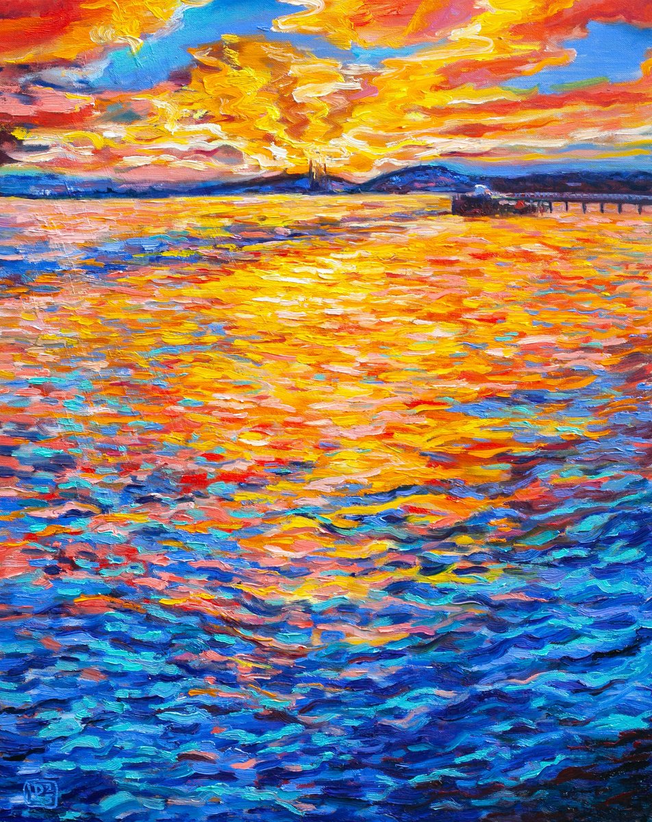 Expressive Landscape Oil Painting By Liudmila Pisliakova, 16 X 20", Sunset In The Ferry, Original Artwork