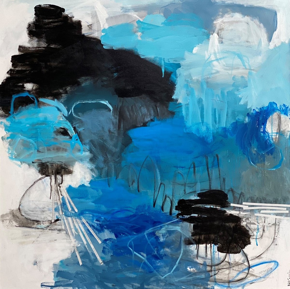 Blue on Black - playful bold whimsical abstract blue, black and white painting by Kat Crosby