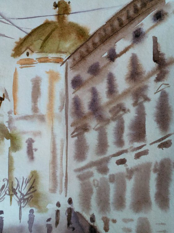 Lviv Painting Cityscape Original Art Ukraine Small Watercolor Artwork 8 by 12 inches