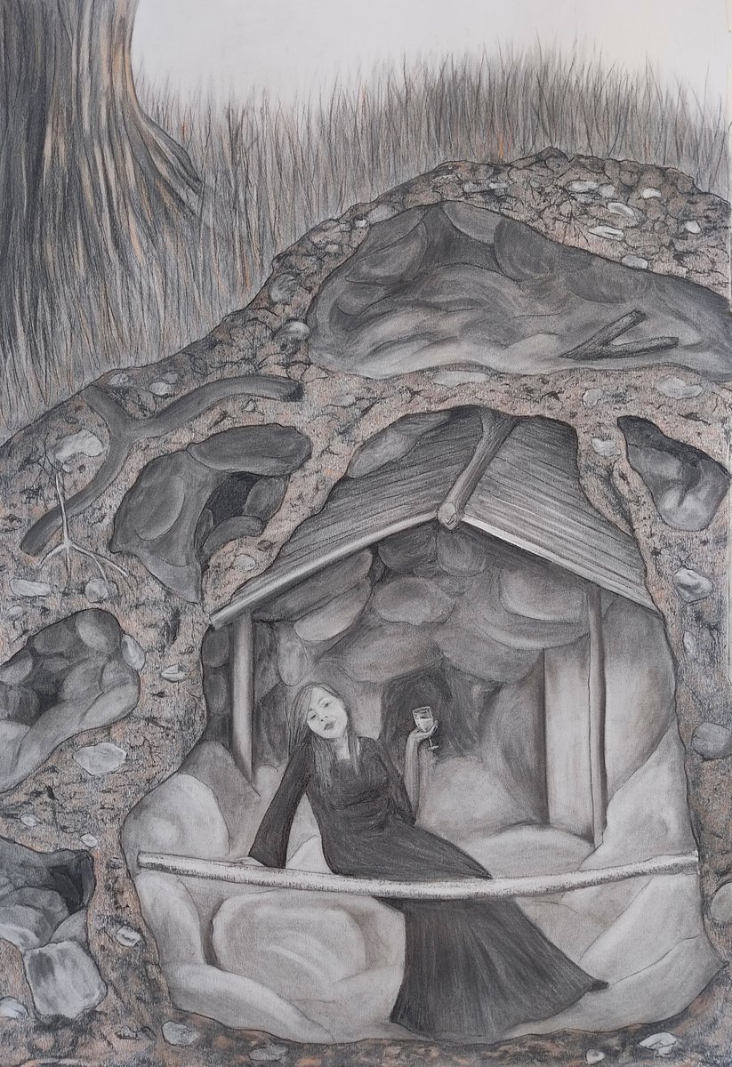 Surrealistic Landscape Charcoal Drawing By Andromachi Giannopoulou, 28 X 39, Flirting, Original Artwork