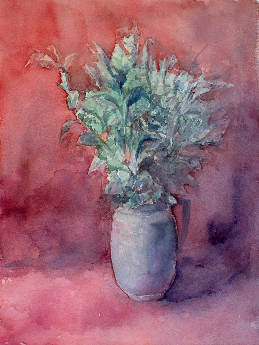Impressionistic Botanical Watercolour By Oleksandra Skrypchenko, 12 X 16", Mint In A Vase, Original Artwork