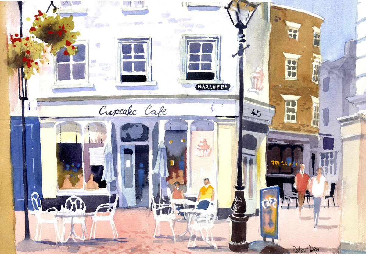 Impressionistic Cityscapes Watercolour By Peter Day, 18 X 12", The Cupcake Cafe Margate, Original Artwork