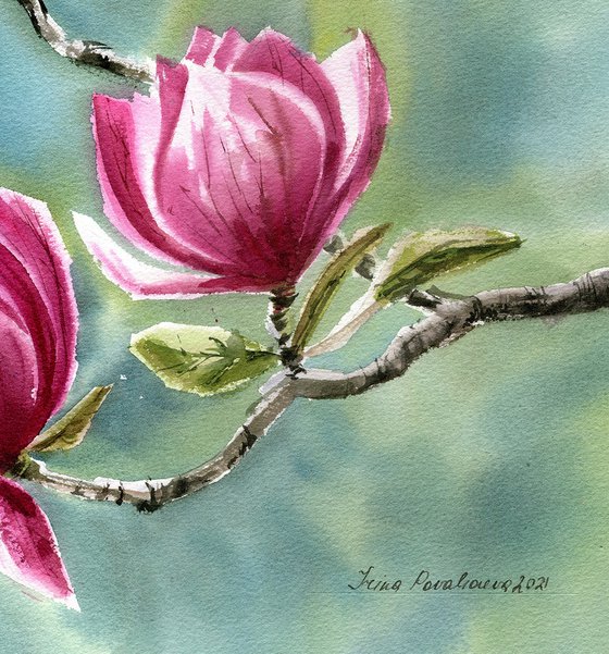 Magnolia flowers original watercolor painting, floral artwork, pink and green impressionistic wall art, bedroom decor, gift for her