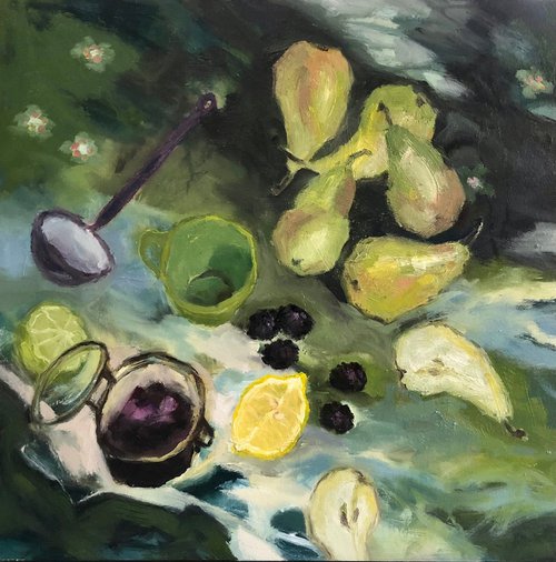 Pears and blackberries by Joanna Farrow