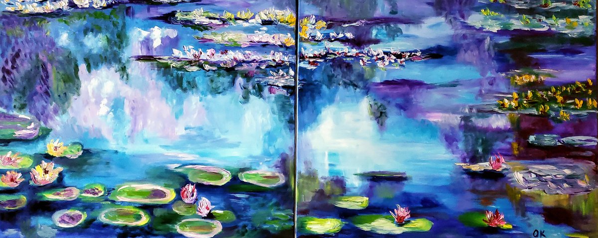 Water Lilies 184 x 76 x 2 cm, water reflections, diptych, oil painting on canvas by Olga Koval