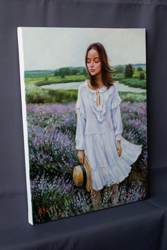 LAVENDER WIND - Majestic Symphony of Nature: Elevate Your Space with the Oil Painting with Beautiful Girl and Tranquility of Lavender Field