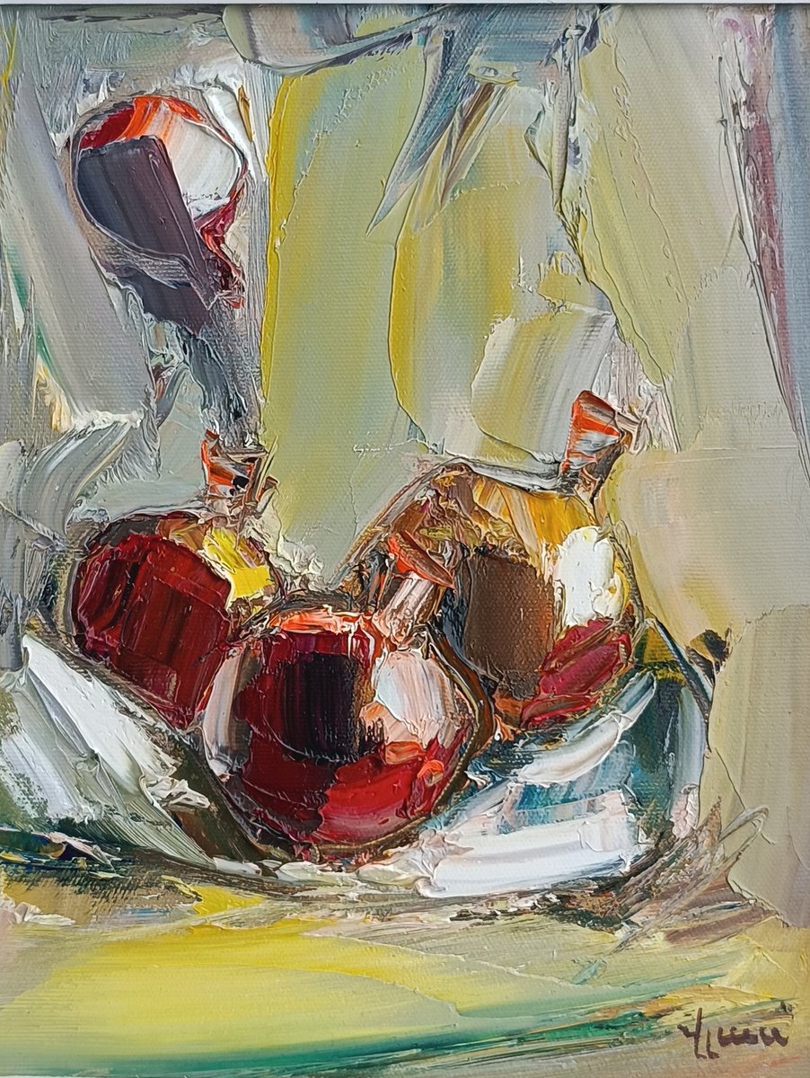Impressionistic Still Life Oil Painting By Vlas Ayvazyan, 9 X 12", Ruby Richness, Original Artwork