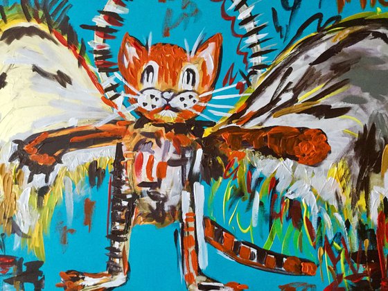 101x61cm Cat La Fallen Angel version of famous painting by Jean-Michel Basquiat