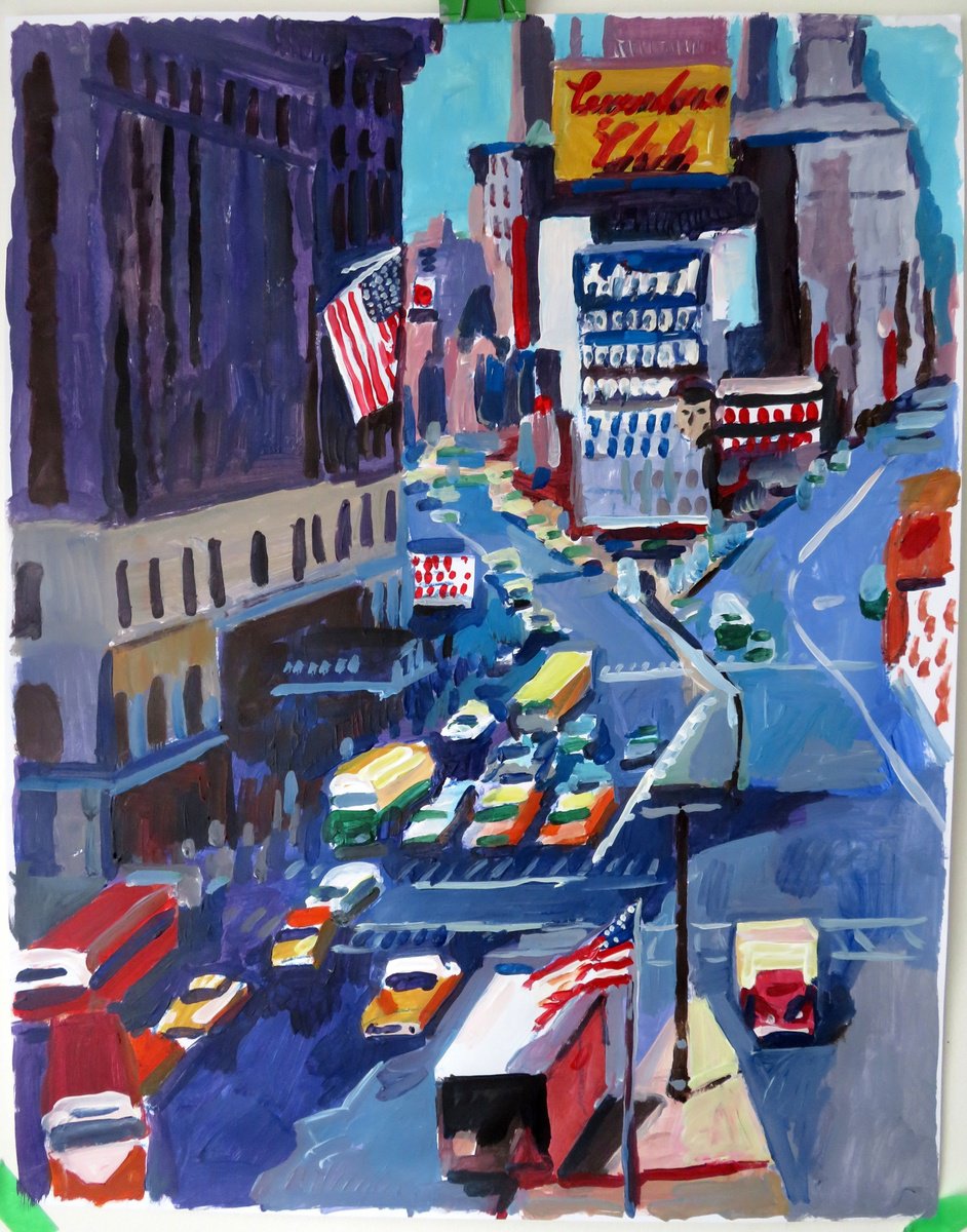 Impressionistic Cityscapes Acrylic Painting By Stephen Abela, 22 X 28", Times Square Nyc 1955, Original Artwork