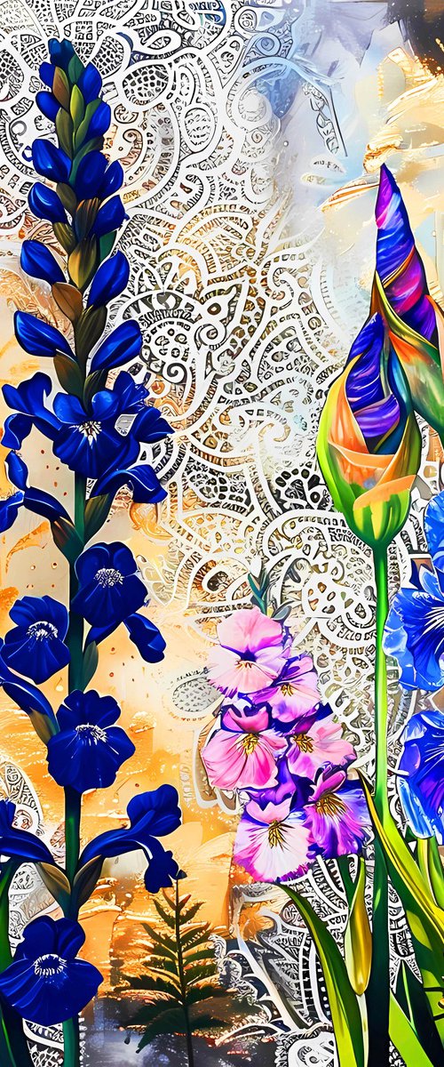 Delphiniums and irises by BAST