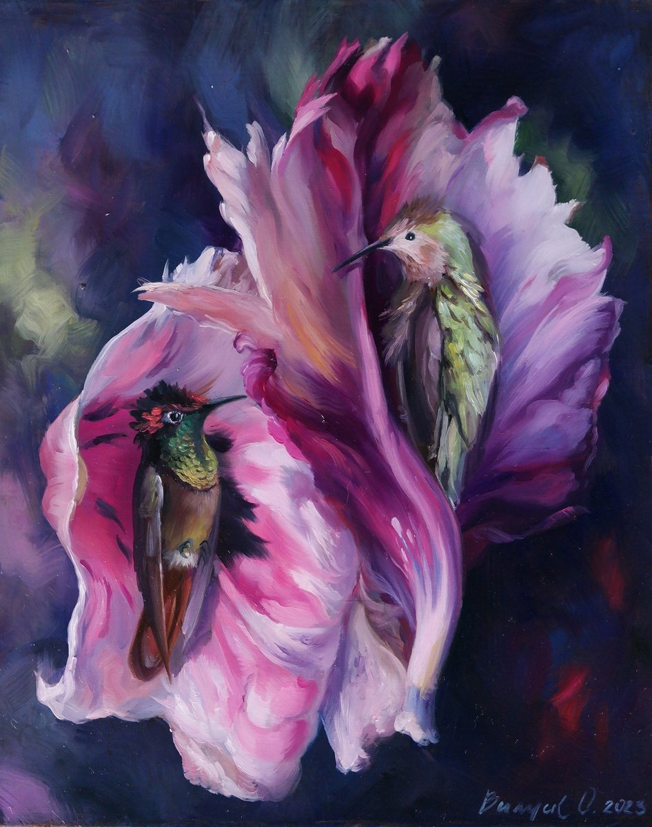 Illustrative Animal Oil Painting By Lena Vylusk, 10 X 12", "Embrace", Original Artwork