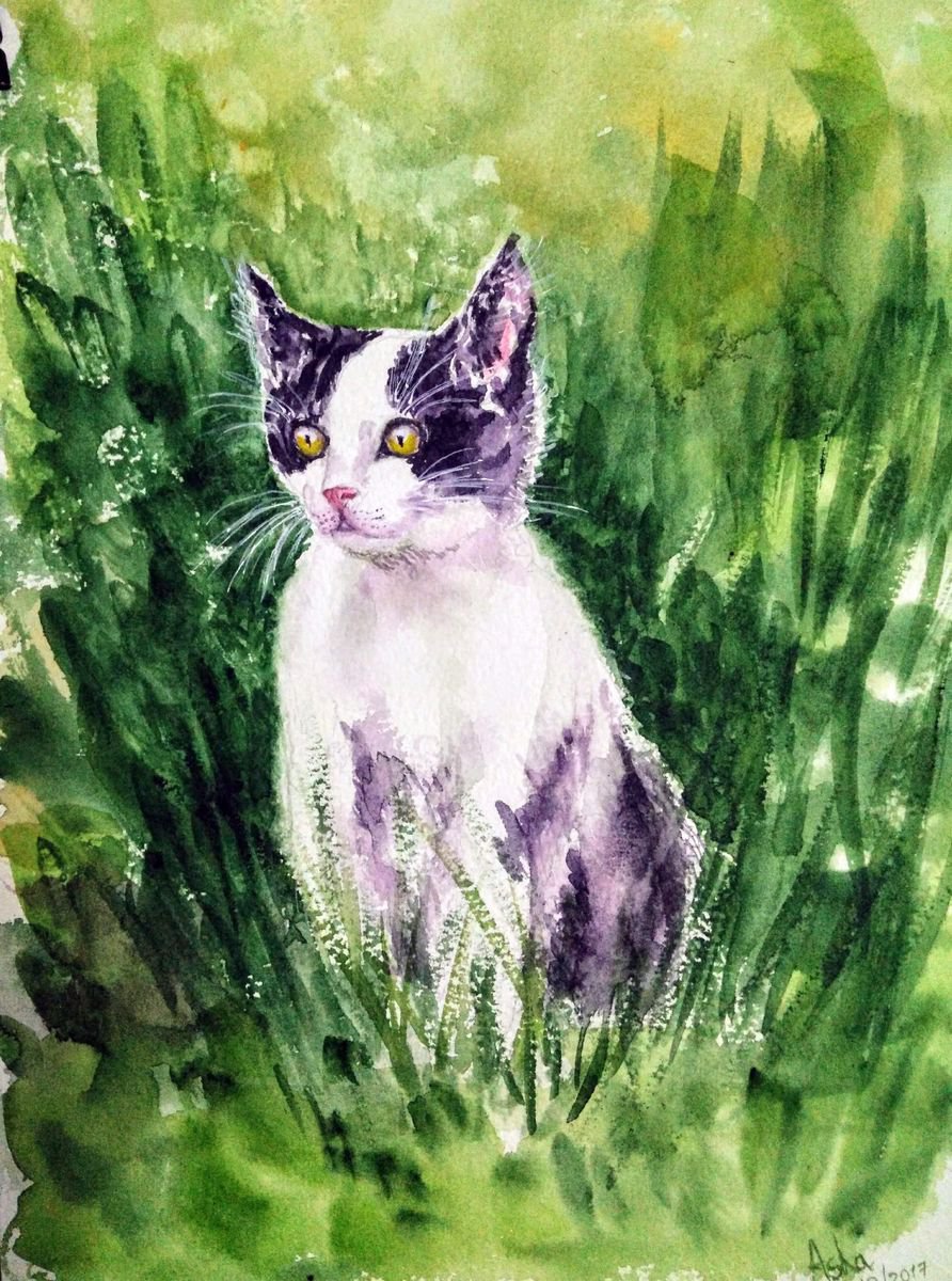 Playful Cute kitten watercolors on paper by Asha Shenoy