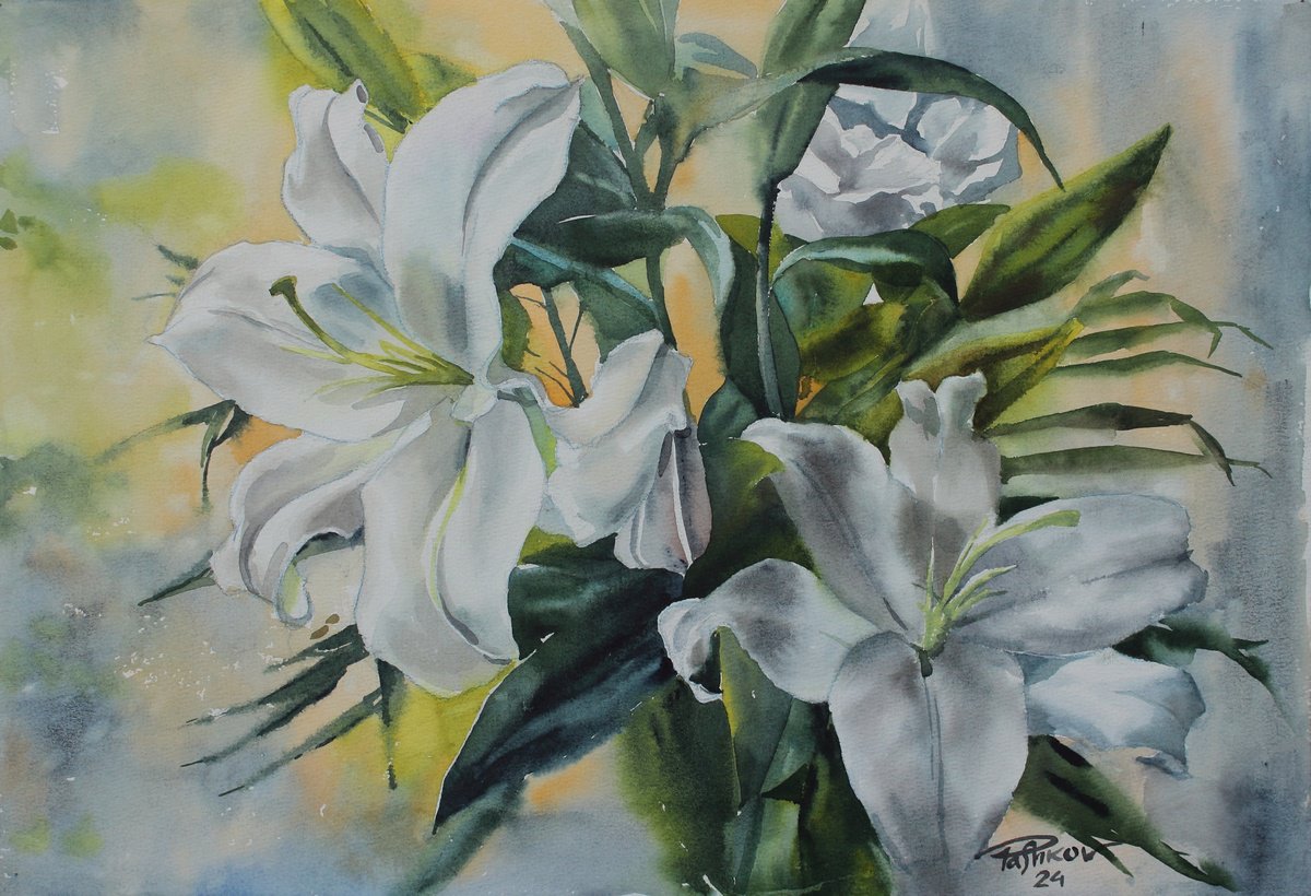 Impressionistic Botanical Watercolour By Yurii Pashkov, 22 X 15", White Lilies #6, Original Artwork