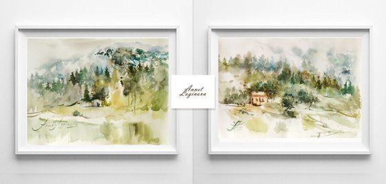 Watercolor landscape Original Art. Watercolor Forest Paintings