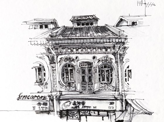 Singapore shophouse, Little India - A3, original drawing