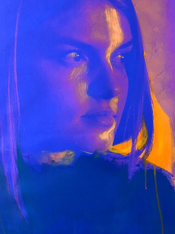 Bright painting - "Blue-orange girl" - Pop Art - Portrait - Neon art - 130x100cm