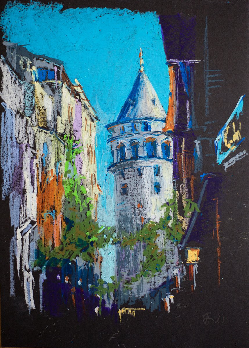 Galata tower in Istanbul. Original oil pastel painting. Small city street scene impression... by Sasha Romm