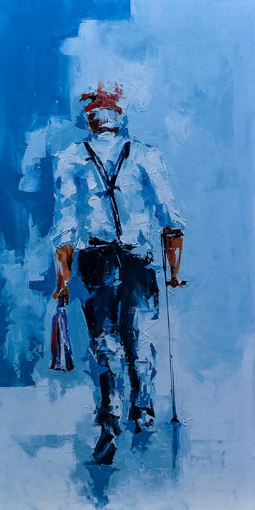 Old man walking on the street. Figurative art by Marinko Šaric