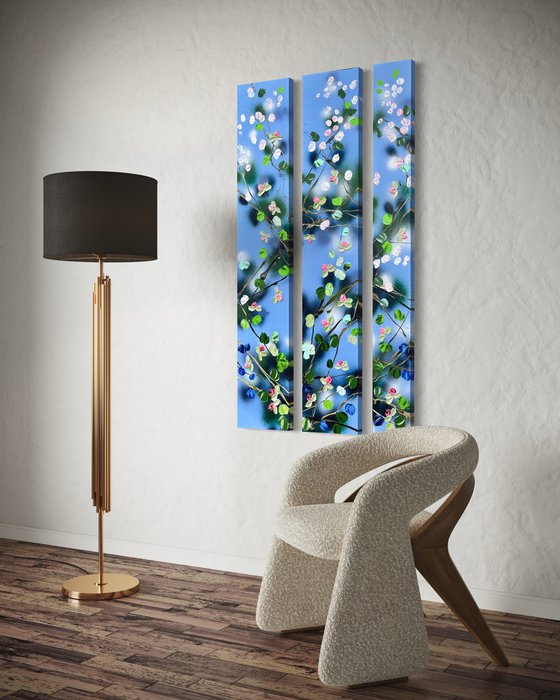 "Movement" large floral triptych on canvas