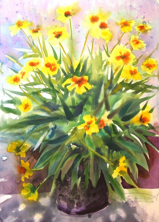 Yellow Daisies Watercolor Painting Expressive Floral Bouquet Botanical Art