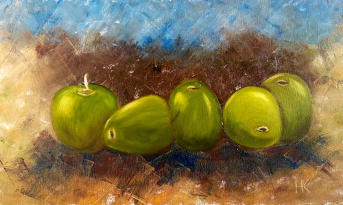 Apples Painting Fruit Original Art Still Life Oil Canvas Artwork Small Wall Art 20 by 12" by Halyna Kirichenko by Halyna Kirichenko