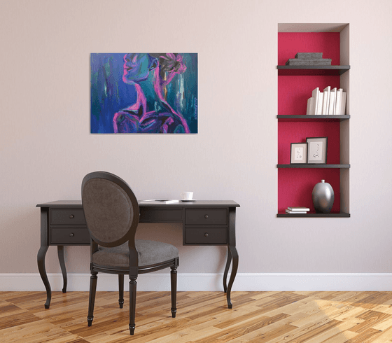 Сontemporary large nude woman portrait in purple and pink