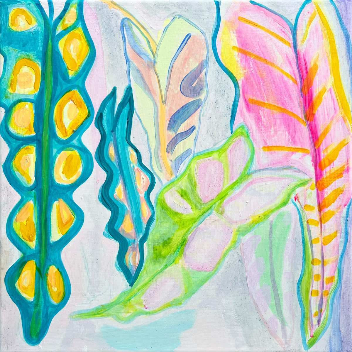 Organic Botanical Acrylic Painting By Kathryn Sillince, 18 X 18", Rainbow Alocasia Leaves Iii, Original Artwork
