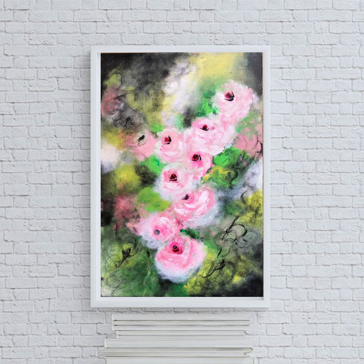 Vintage Pink Roses !! Ready to hang !! Abstract !! Floral Painting !! by Amita Dand