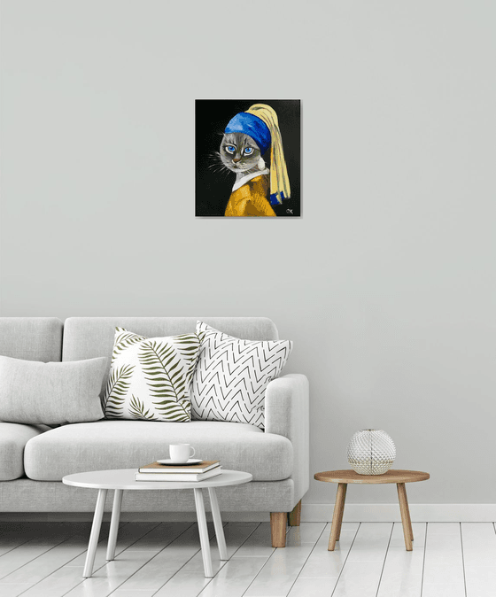 British blue Cat with the pearl earring #2 inspired by Vermeer painting feline art for cat lovers gift idea