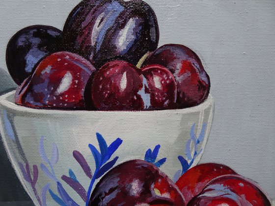 Plums In Blue And White Bowl