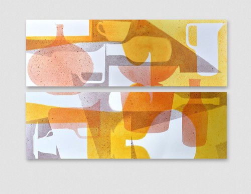 DIPTYCH Abstract stillife Yellow to Red, 1 and 2 by Hilde Hoekstra
