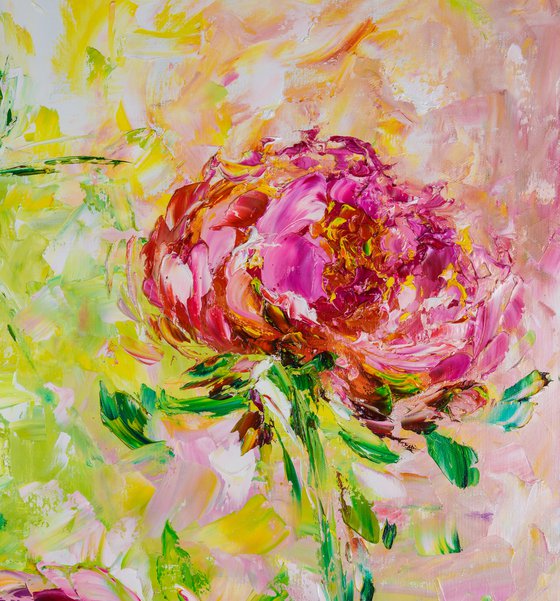 BRIGHT PEONIES - Summer day. Pink peonies. Lush buds. Abstract technique. Expressive landscape. Smile. Dawn.