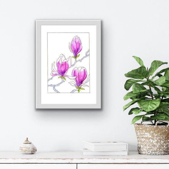 Flowers of a magnolia mixed media illustration