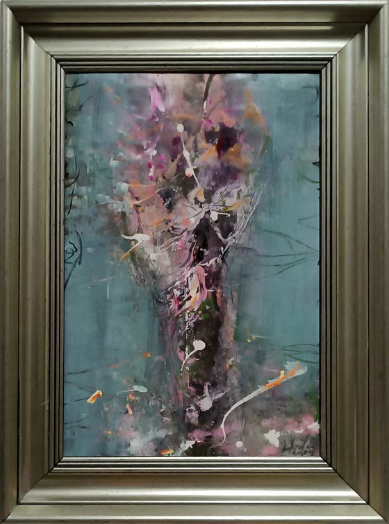 Framed spring blossom flowers colors painting enigmatic still life by O KLOSKA