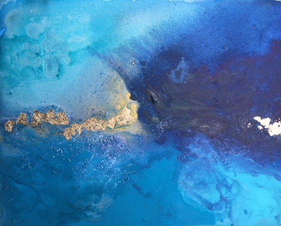"Lost frequencies2" abstract seascape atmospheric blue turquoise with gold leaf
