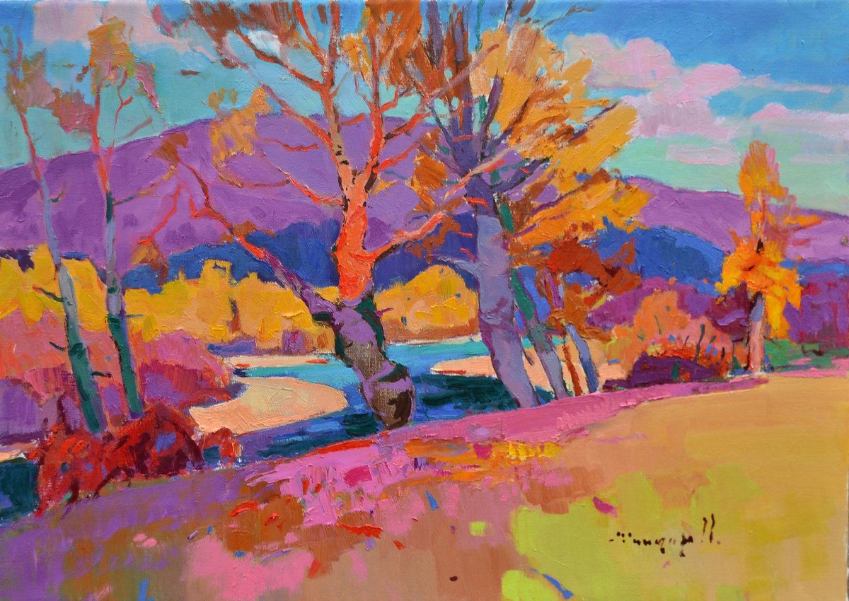 Impressionistic Landscape Oil Painting By Alexander Shandor, 31 X 24, Leaves Fell, Original Artwork
