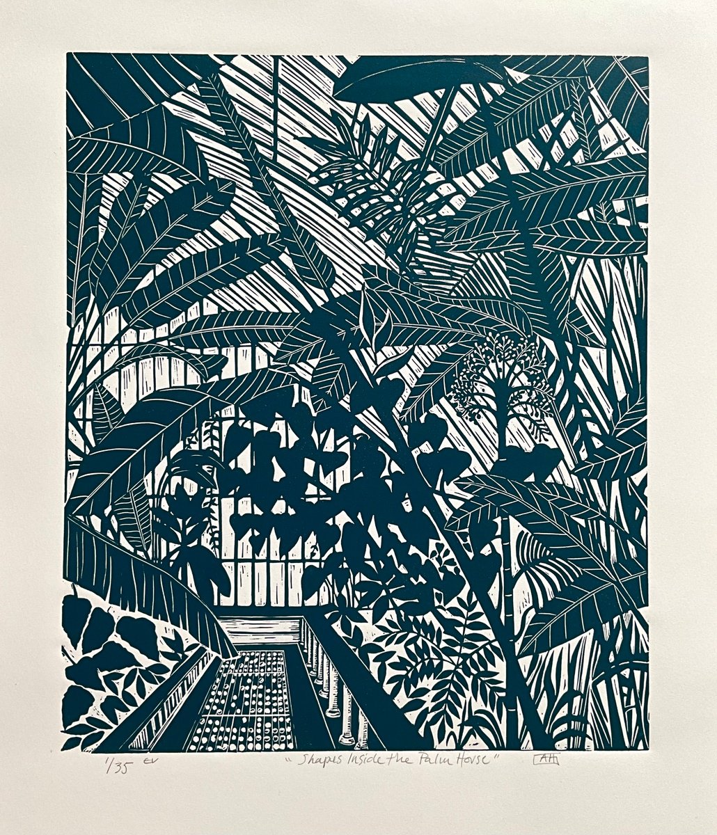 Graphic Botanical Linocut By Alison Headley, 16 X 19, Shapes Inside The Palm House, Original Artwork