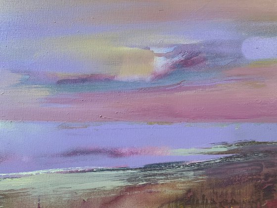 Bright horizontal painting - "Violet sunset" - Landscape - Expressionism - Seascape - Sunset